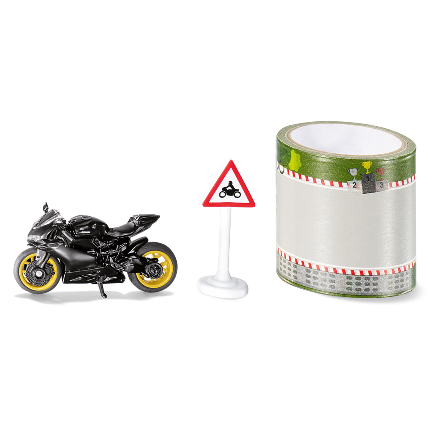 Motorrad & Gelände siku motorbike with sign & roadtape