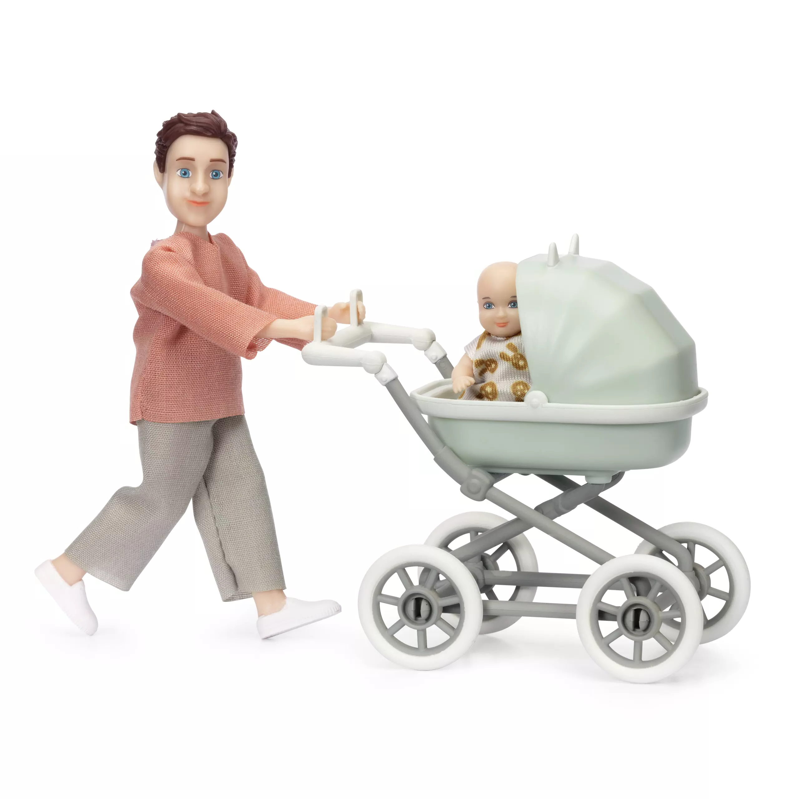 Puppen lundby	puppenhauspuppen	mann mit baby & kinderwagen