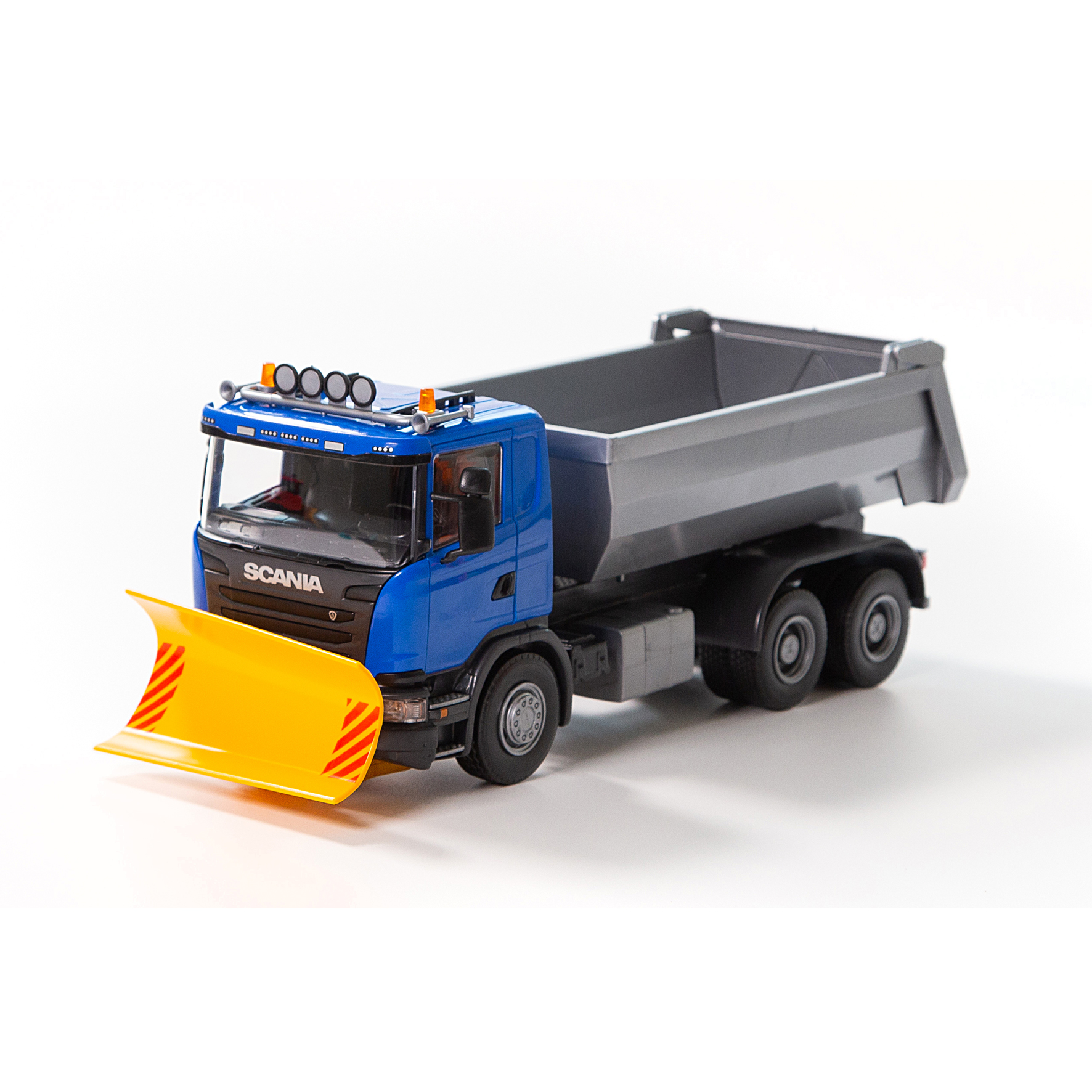 Work Vehicles emek toy car tipper with plow scania blue 1:25