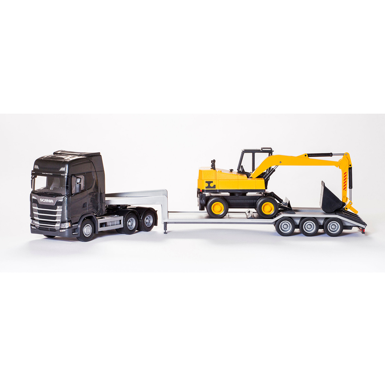 EMEK TOY CAR TRUCK WITH EXCAVATOR SCANIA S BLACK LOW 1:25