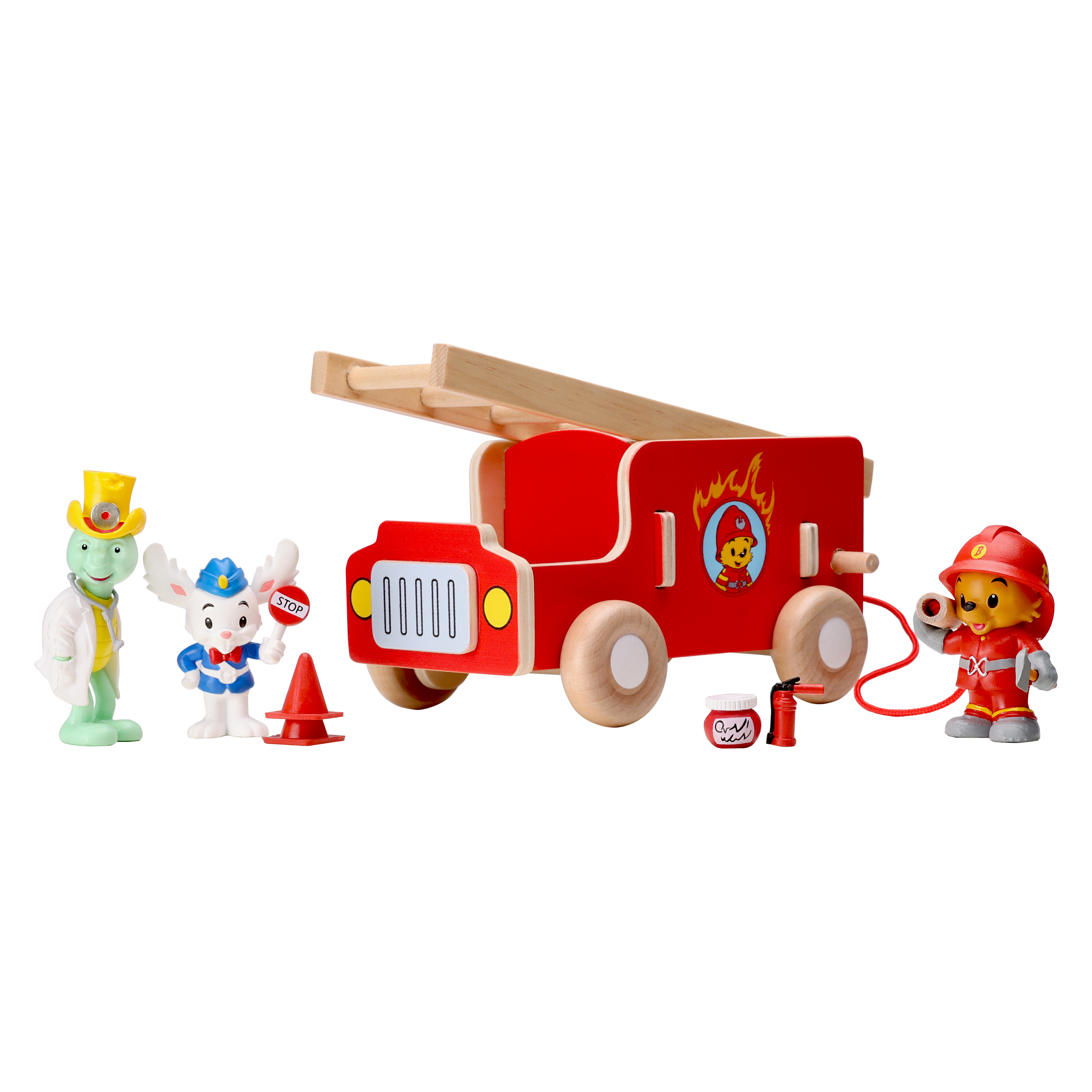 Trælegetøj bamse legetøjsbil brandbil i træ